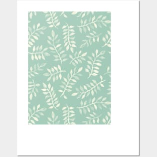 Painted Leaves - a pattern in cream on soft mint green Posters and Art